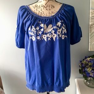 Anthropologie Blue Blouse with Bird Embroidery